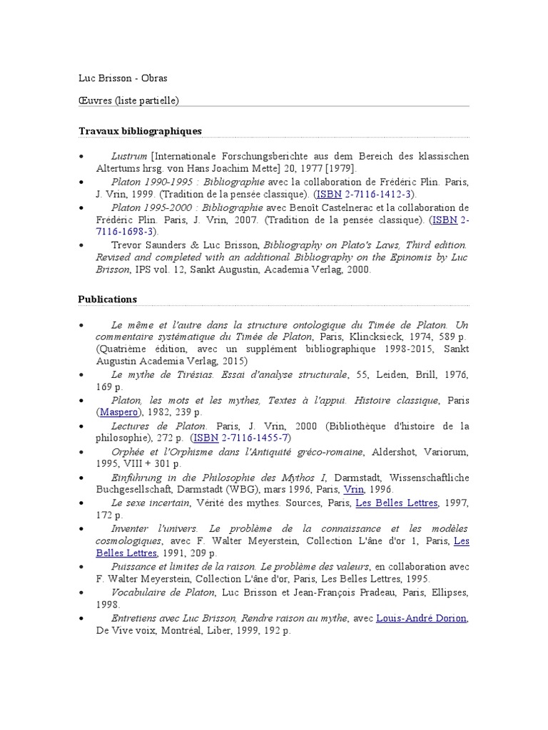 Bibliographie de Luc Brisson sur Platon | PDF | Platon | Platonisme ...