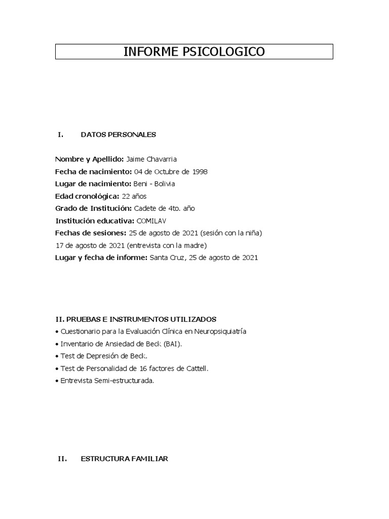 Informe Psicológico de Jaime Chavarria | PDF | Las emociones ...