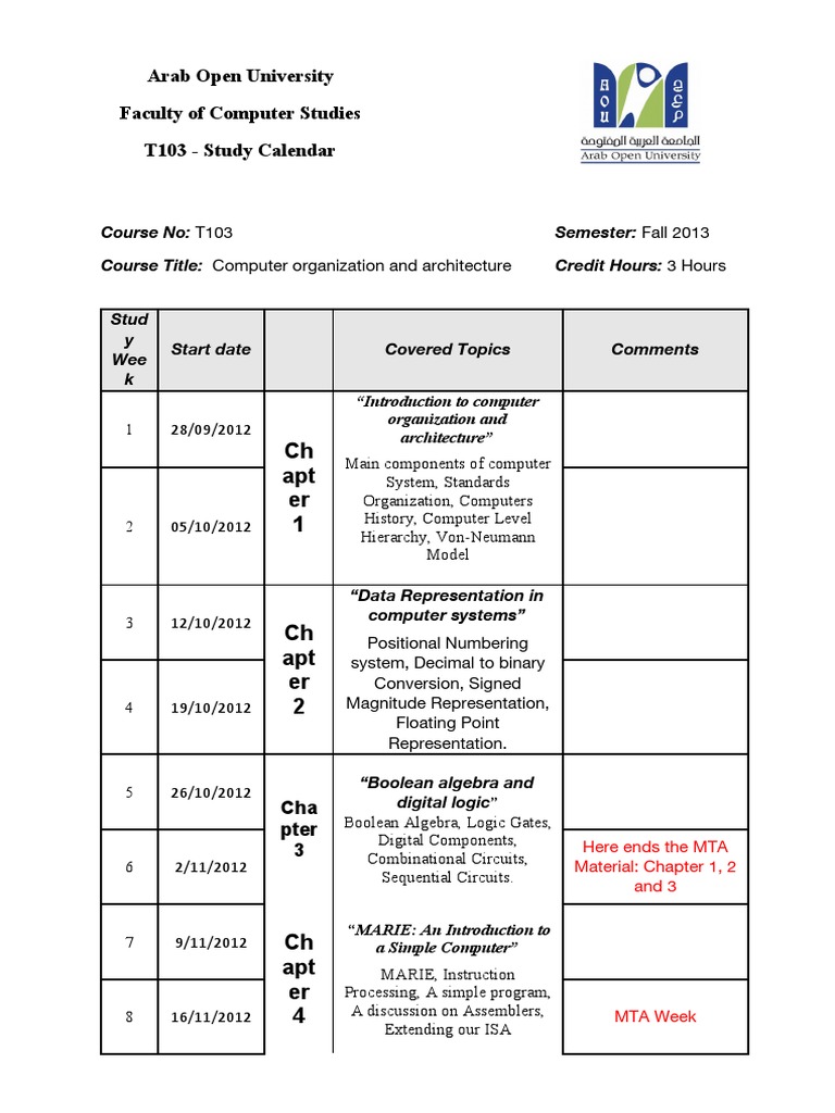 T103 Computer Organization Study Calendar | PDF | Logic Gate | Office ...