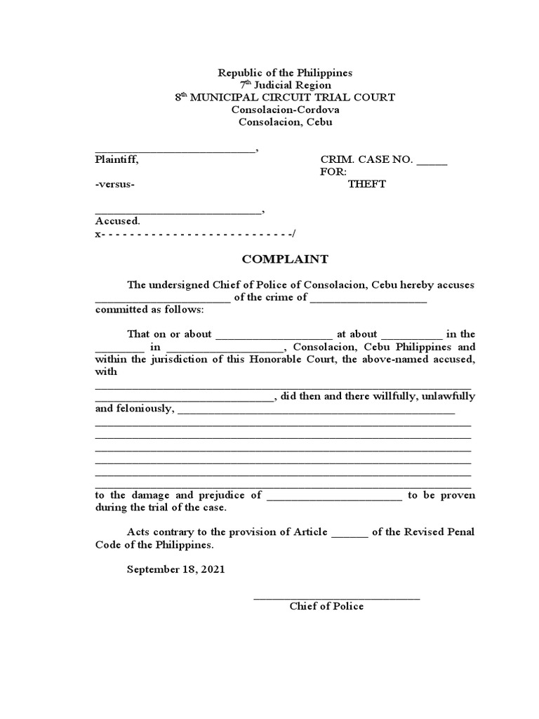 Sample of Template For A Complaint Filed Before The MCTC PDF Courts
