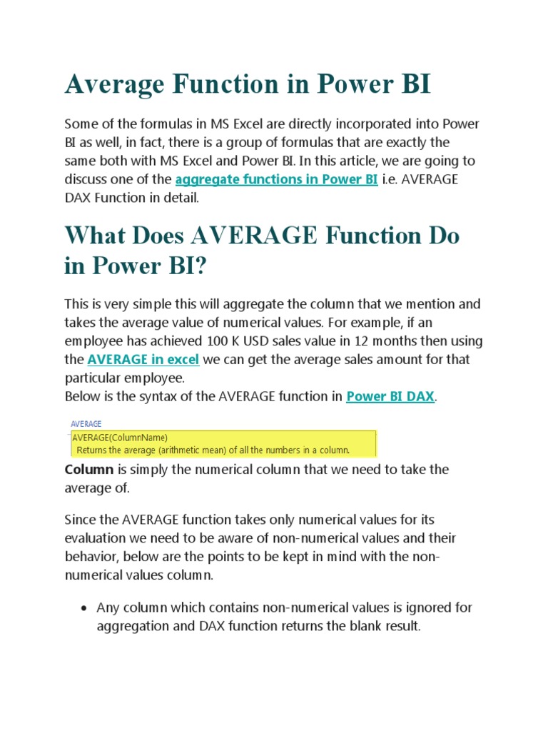 Average Function in Power BI | PDF | Microsoft Excel | Function ...