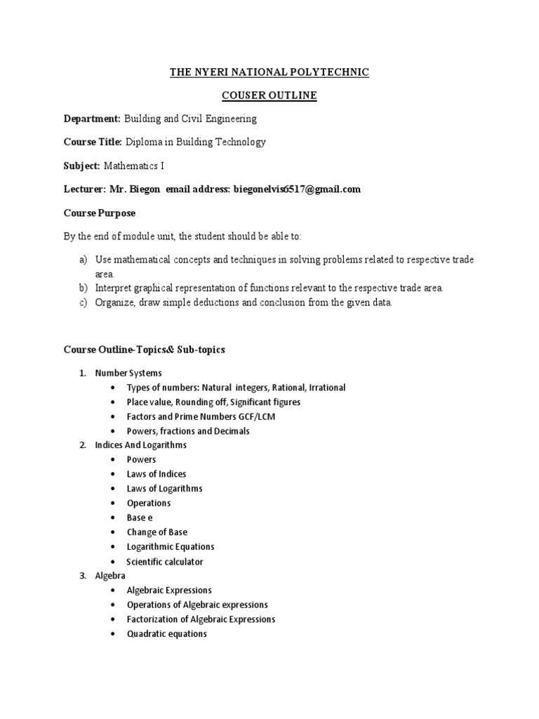 Mathematics I Course Outline for Civil Engineering | PDF ...