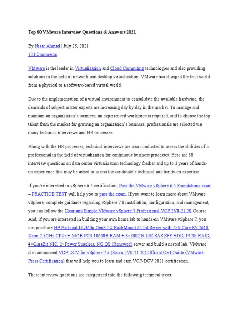 Top 80 VMware Interview Questions & Answers 2021 | PDF | Virtualization ...