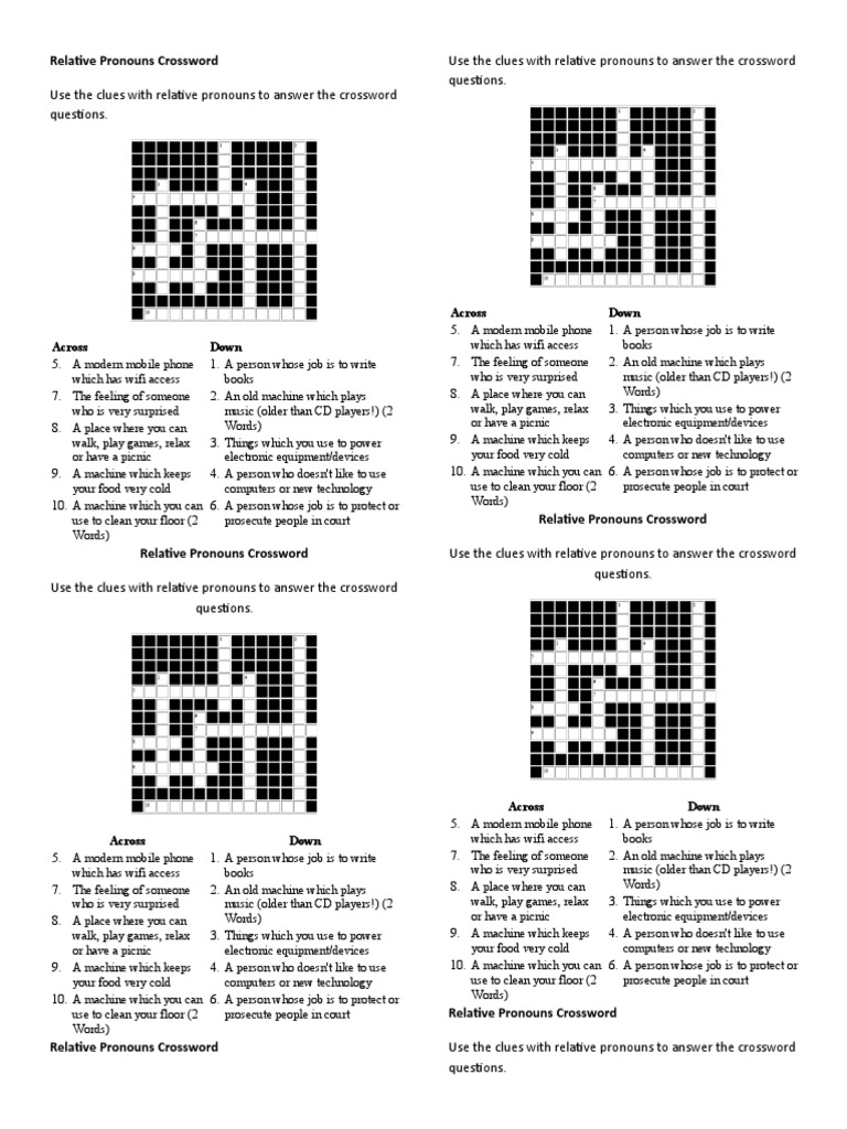 Relative Pronouns Crossword Across Down PDF Crossword Mobile Phones