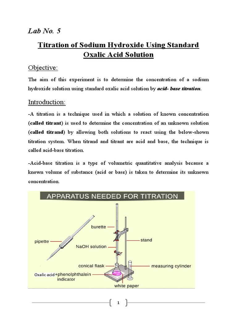 Lab 5 Standardization of NaOH Using Oxalic Acid PDF Titration Chemistry