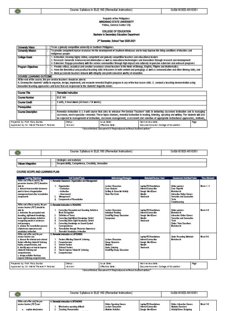 Remedial Instruction Syllabus