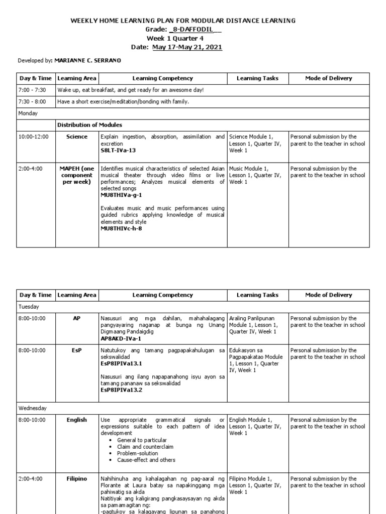 Weekly Home Learning Plan For Modular Distance Learning Grade: - 8 ...