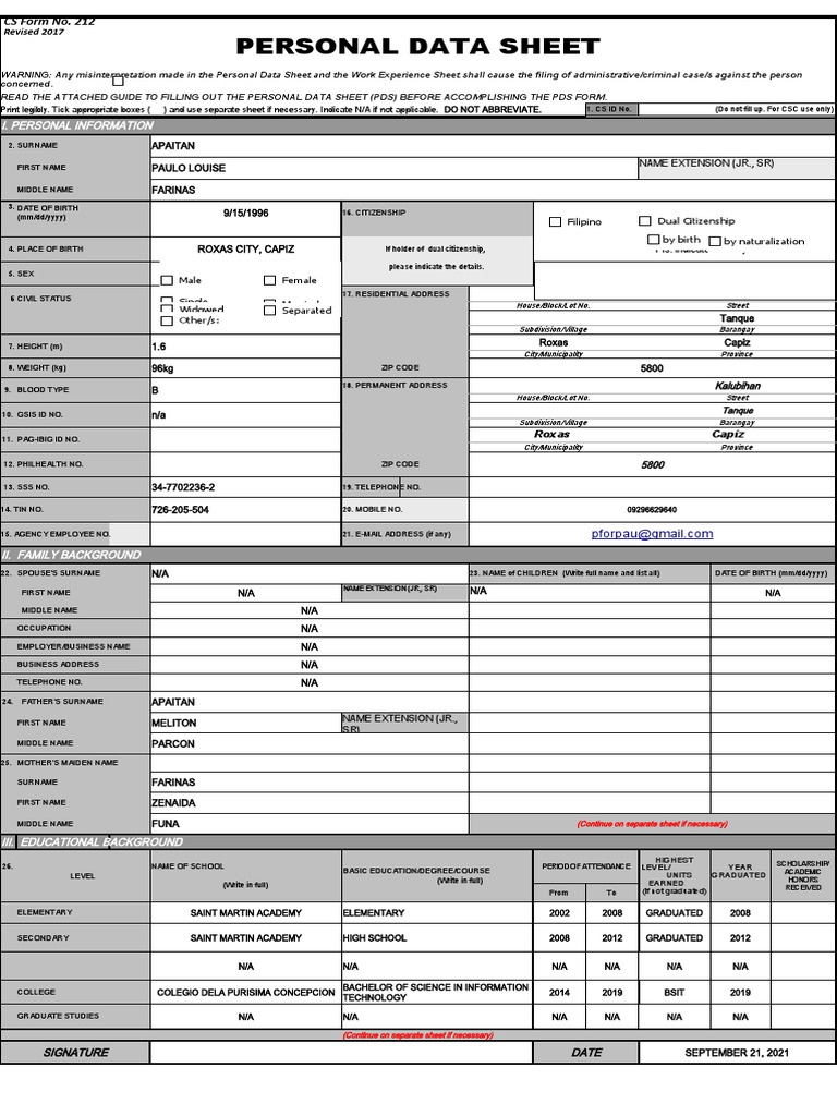 Personal Data Sheet Template | PDF | Crimes | Crime & Violence
