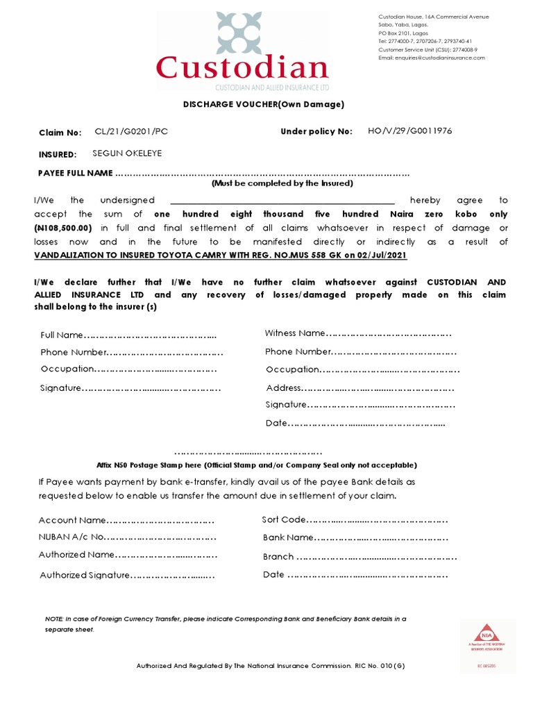 (Must Be Completed by The Insured) Affix N50 Postage Stamp Here