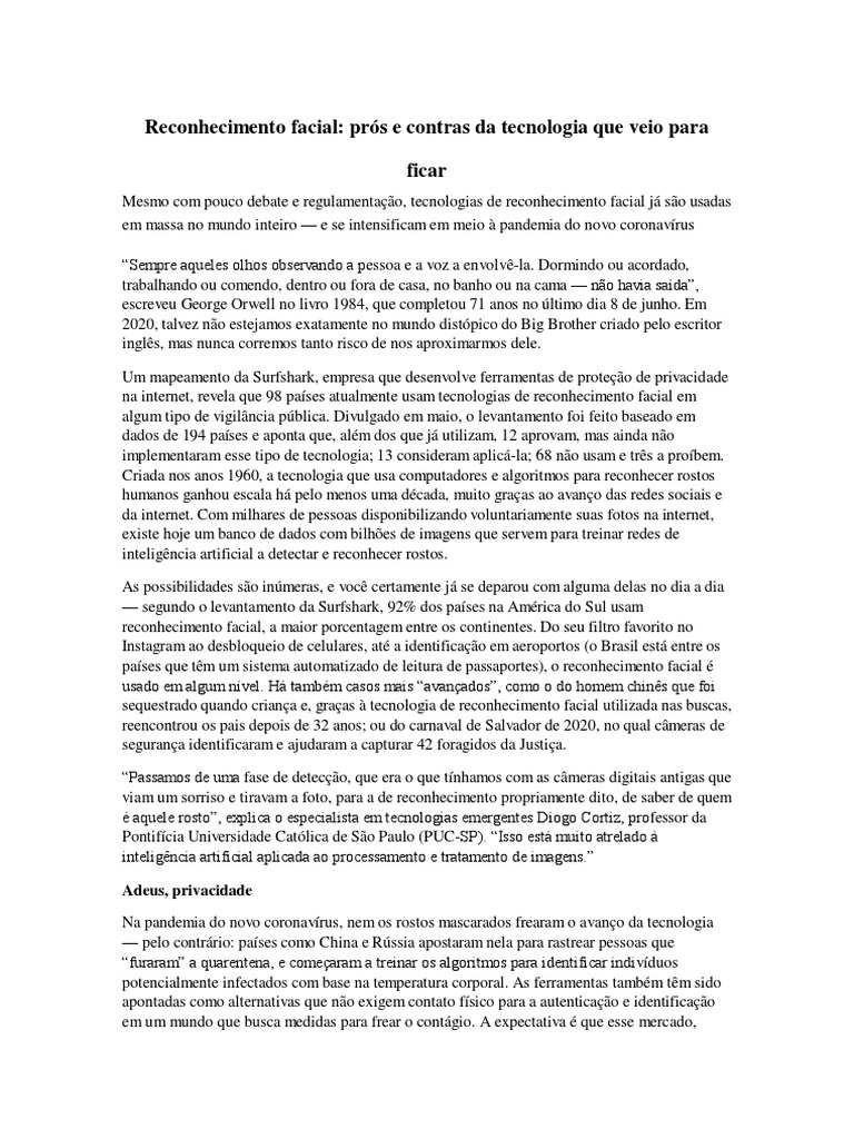 Prós e Contras do Reconhecimento Facial | PDF | Internet