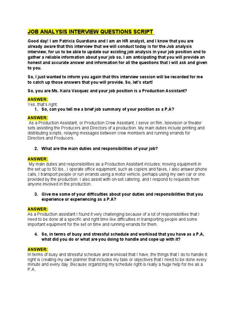 Job Analysis Interview Questions Script | PDF | Communication