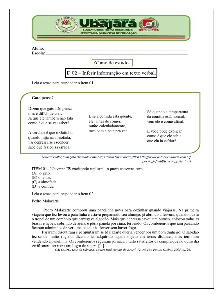 Inferência em Textos Verbais para 2º Ano | PDF