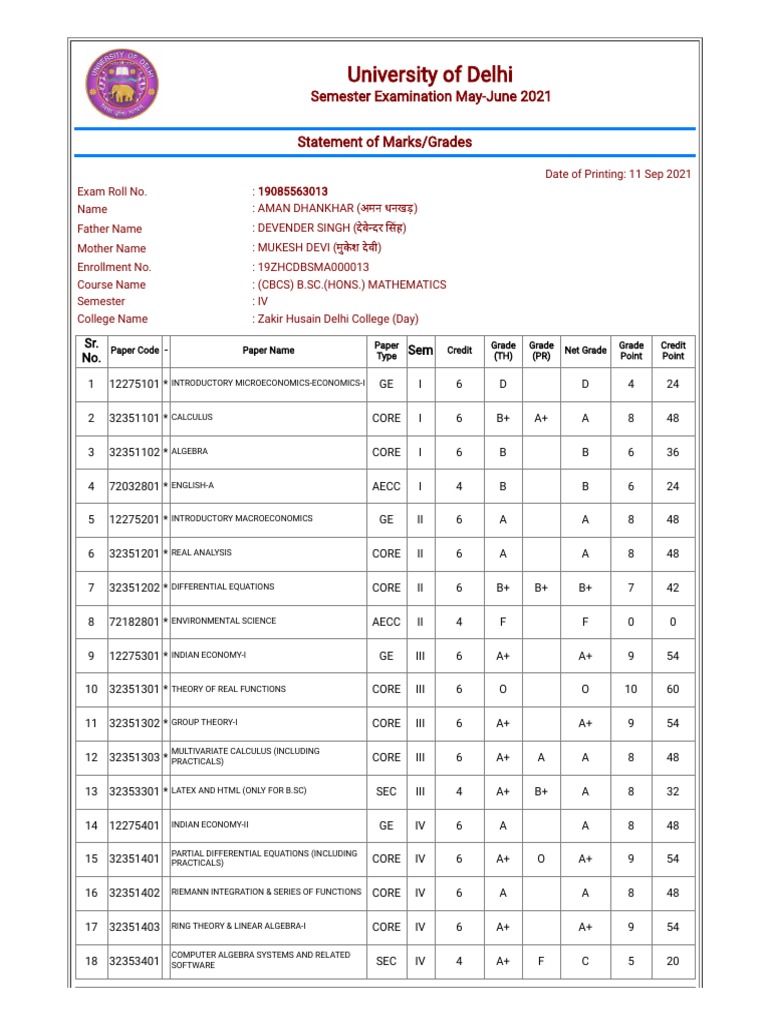 University of Delhi: Semester Examination May-June 2021 Statement of ...