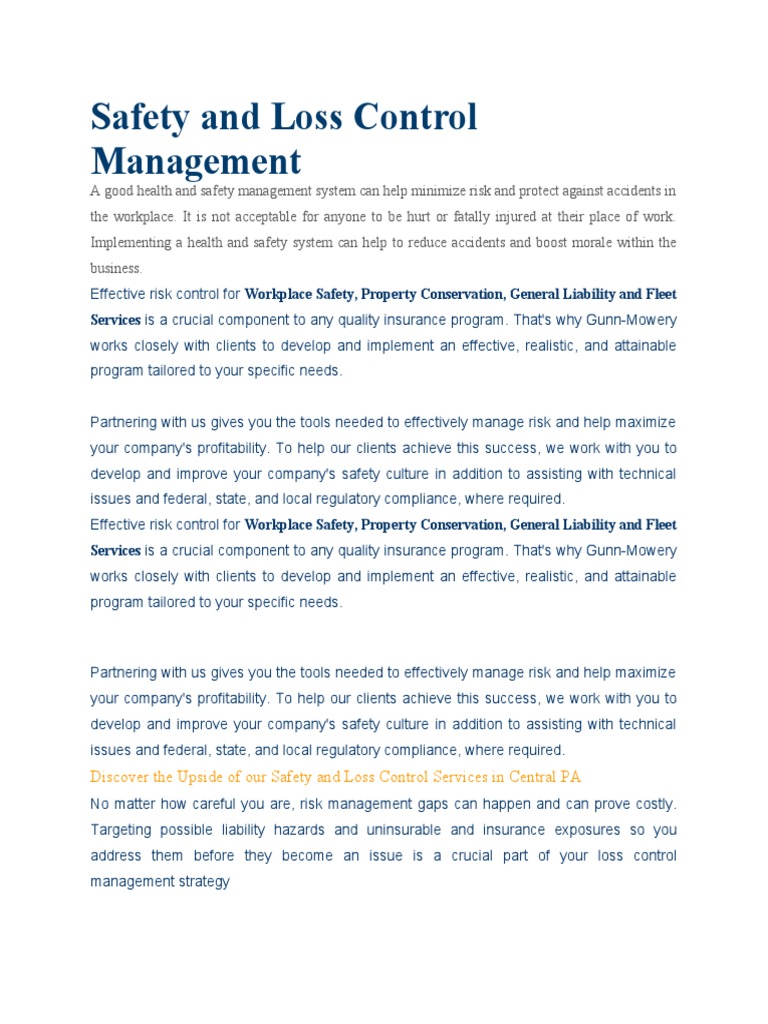 Safety and Loss Control Management Guide | PDF | Occupational Safety ...