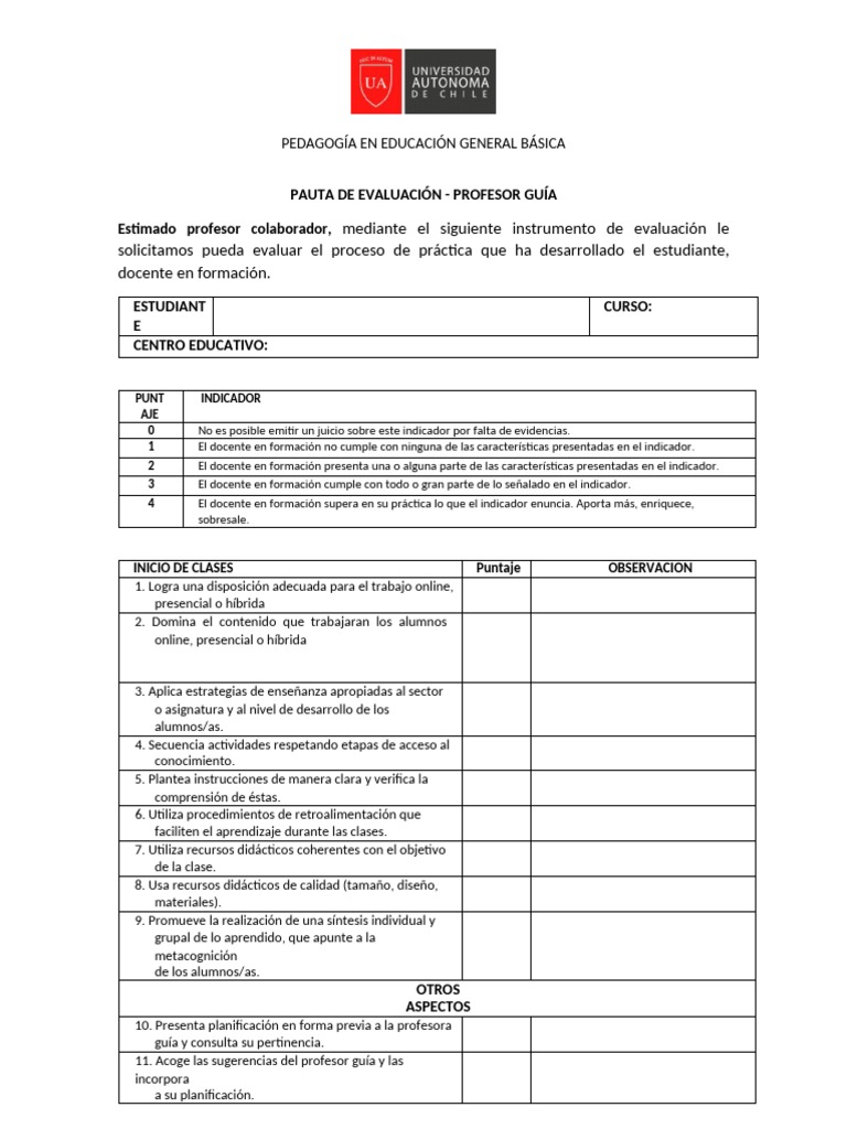 Pauta de Evaluación Del Profesor Guía | PDF | Maestros | Evaluación