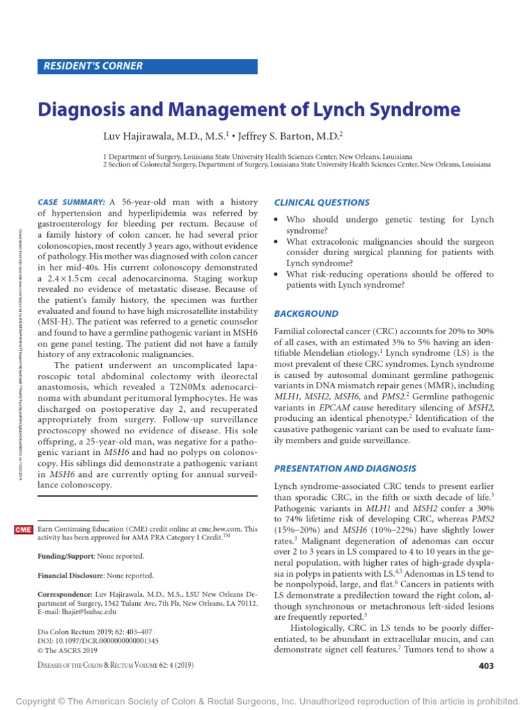 Diagnosis and Management of Lynch Syndrome Diseases Colorrectal PDF