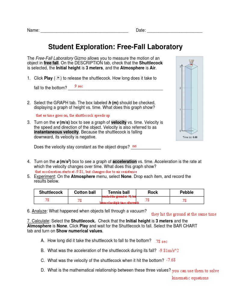 Student Exploration Free Fall Gizmo Answer Key Pdf