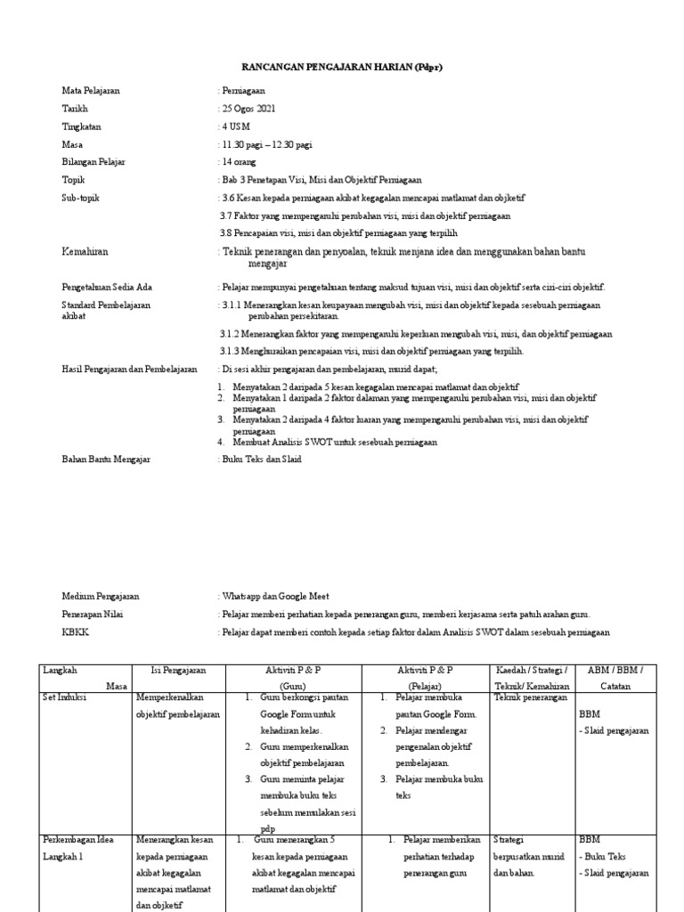 Contoh RPH Google Meet | PDF