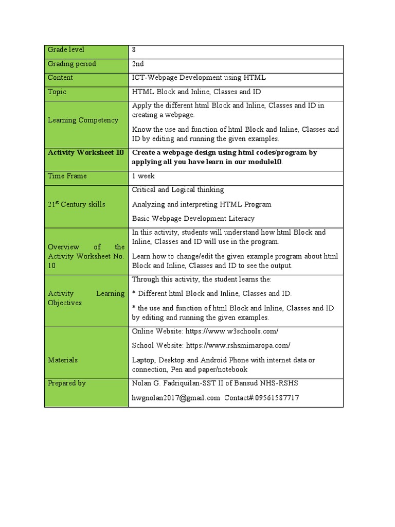 Activity Worksheet 10 Create A Webpage Design Using HTML Codes/program ...