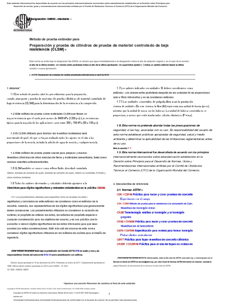 D4832 CLSM (TestCylinders) en Es | PDF | Hormigón | Derechos de autor