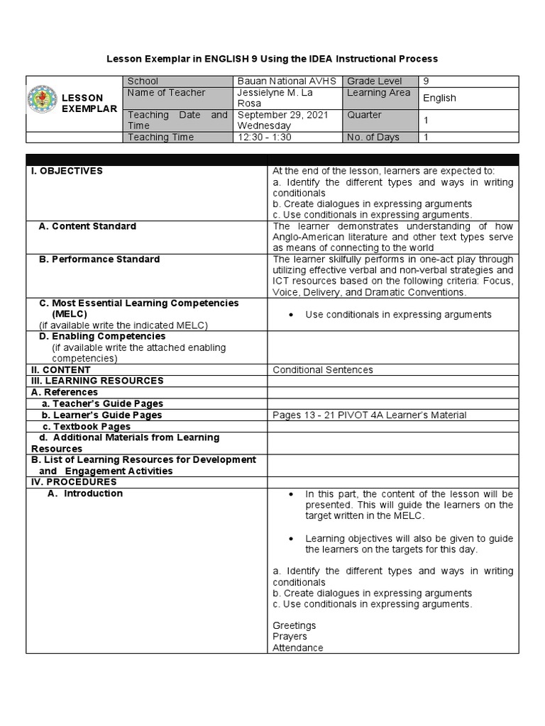 Grade 9 English: Conditionals Lesson Plan | PDF | Learning | Question