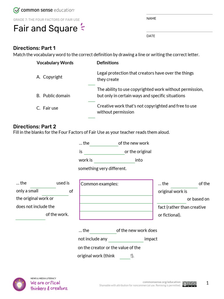 Grade 7 - The Four Factors of Fair Use - Fair and Square Student 