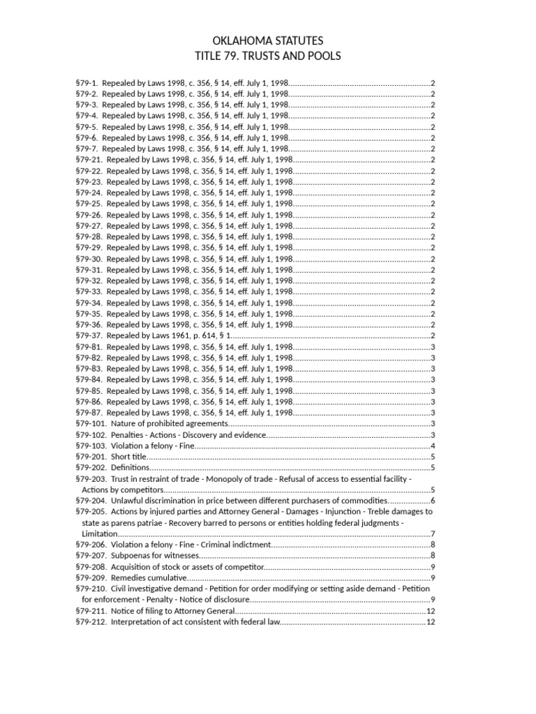 Oklahoma Statutes Title 79. Trusts and Pools PDF Monopoly Subpoena