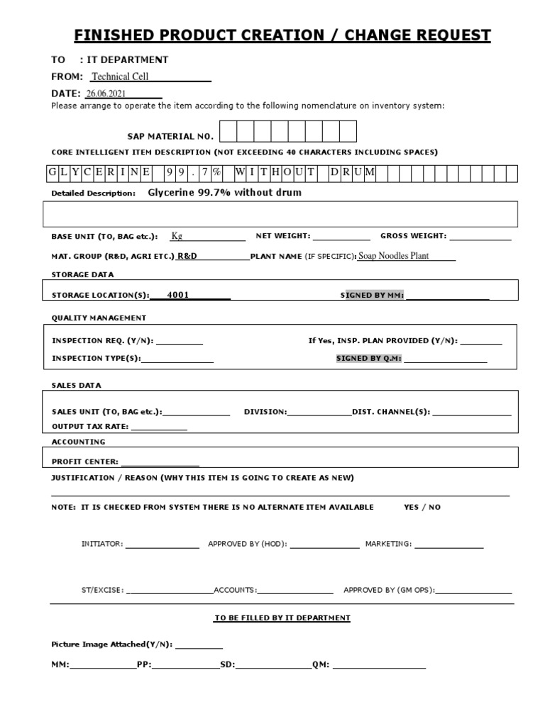Glycerine 99.7% Change Request Form | PDF | Business | Computers