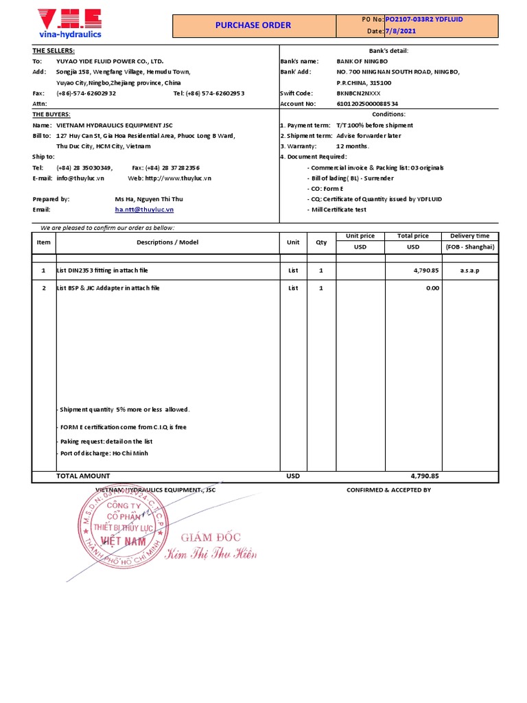 Purchase Order for Hydraulic Fittings | PDF | Trade