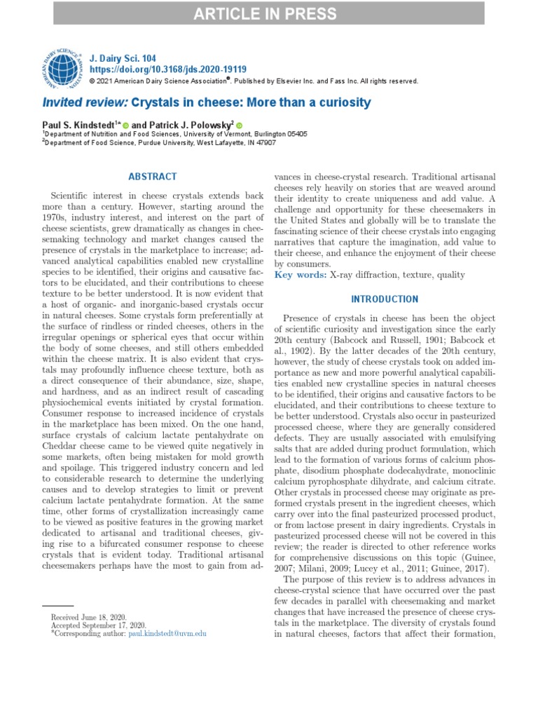 Invited Review Crystals in Cheese More Than A Curiosity J. Dairy Sci. 104 PDF Cheese