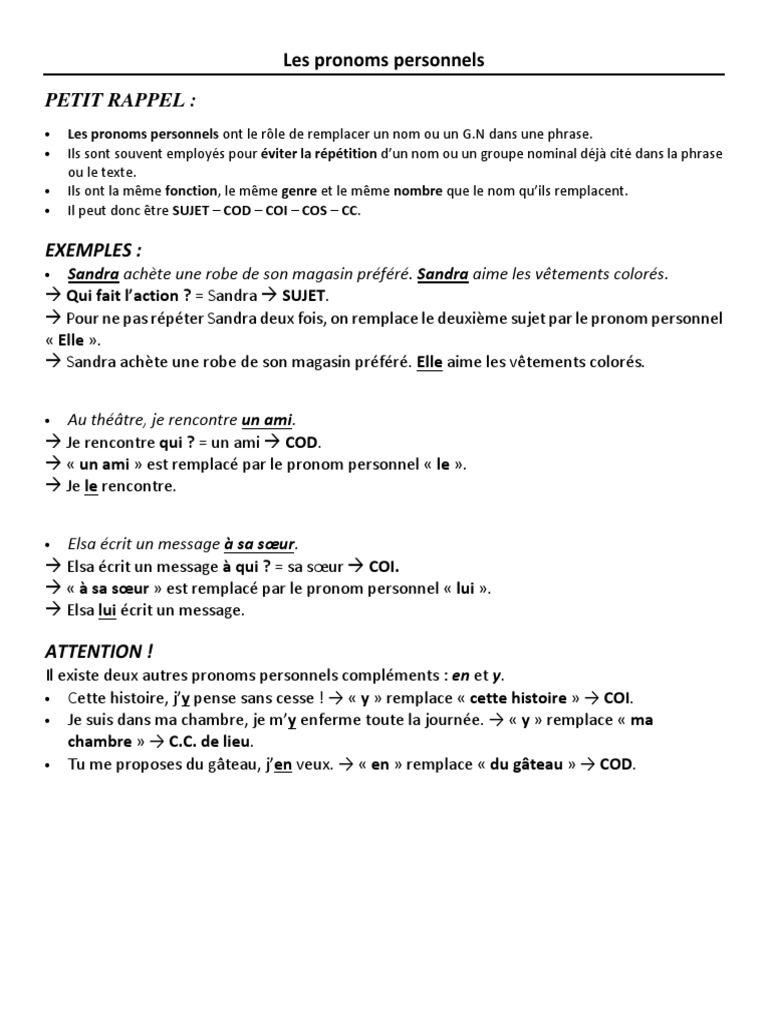 Remplacer Le Cod Par Un Pronom Personnel Exercices Pdf Les Pronoms Personnels - Synthèse | PDF | Complément d'objet | Pronom
