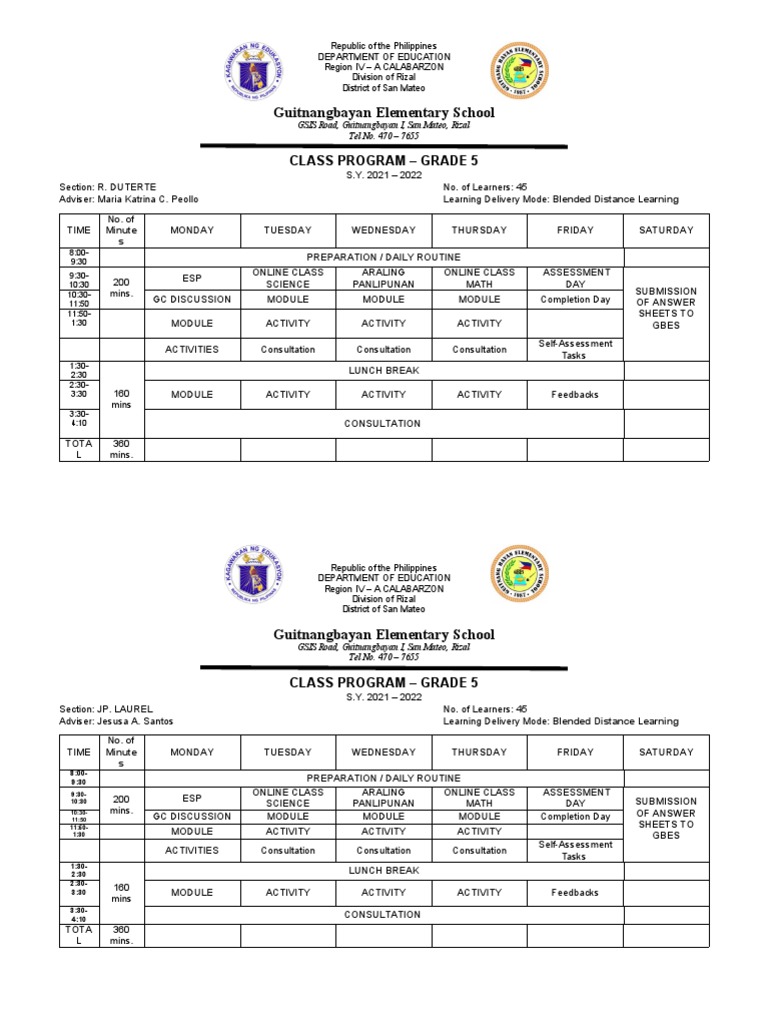 Grade 5 Class Program 2021-2022 | PDF | Academic Term | Philippines