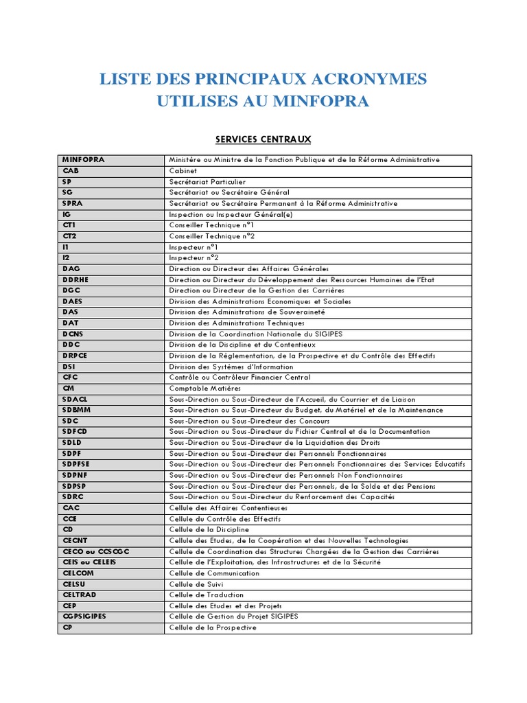 Liste Des Principaux Acronymes Utilises Au Minfopra | PDF ...