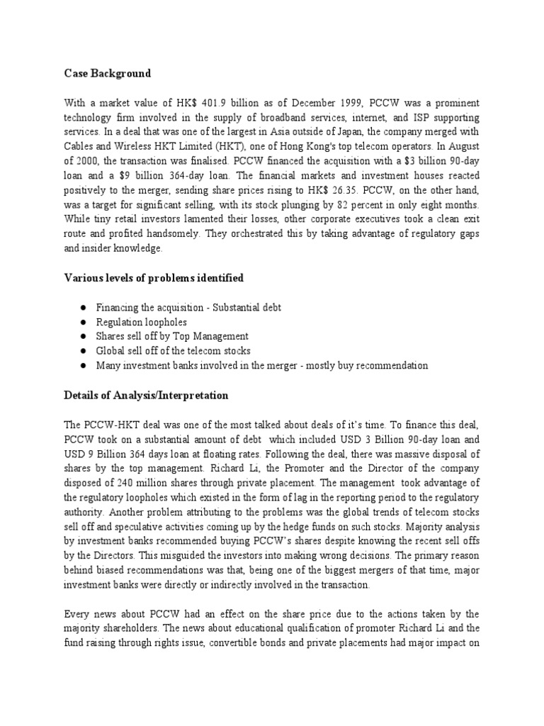 PCCW Case | PDF | Mergers And Acquisitions | Investing