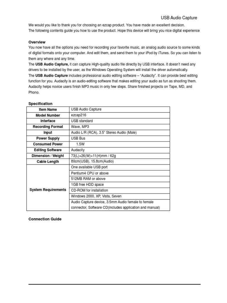 USB Audio Capture User Guide | PDF | Installation (Computer Programs ...