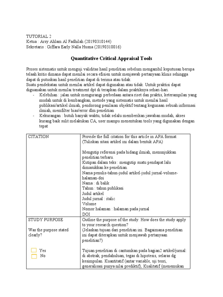 Tutorial 2 Form Quantitative Critical Appraisal Tools PDF