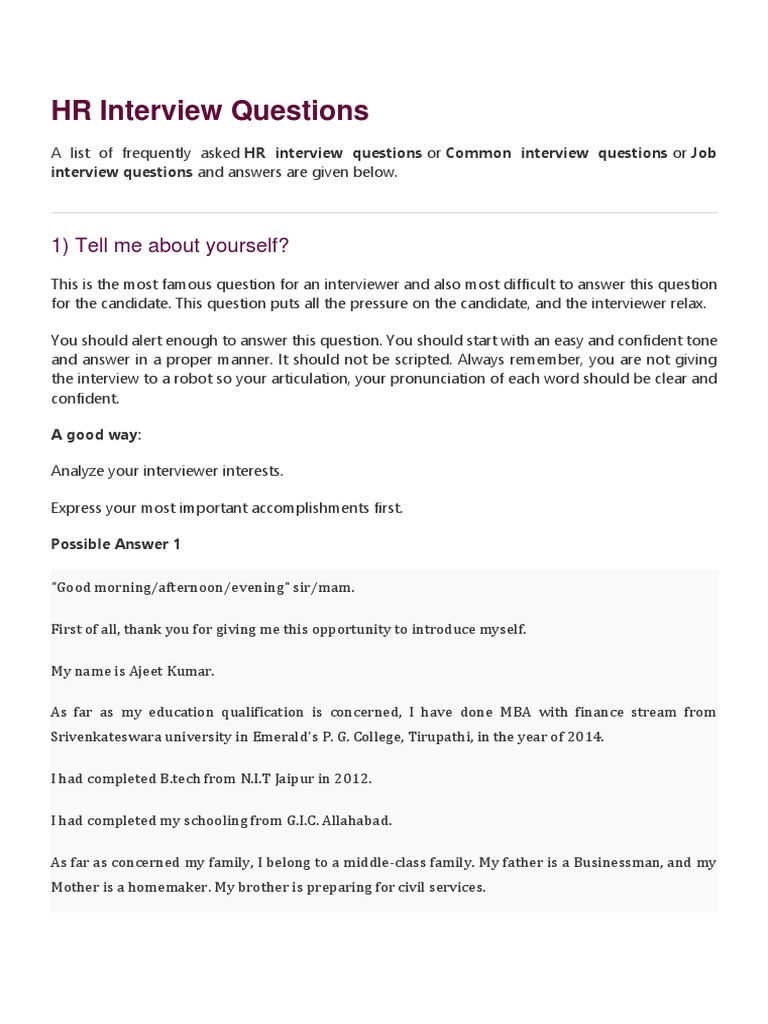 HR Interview Questions PDF Employment Question