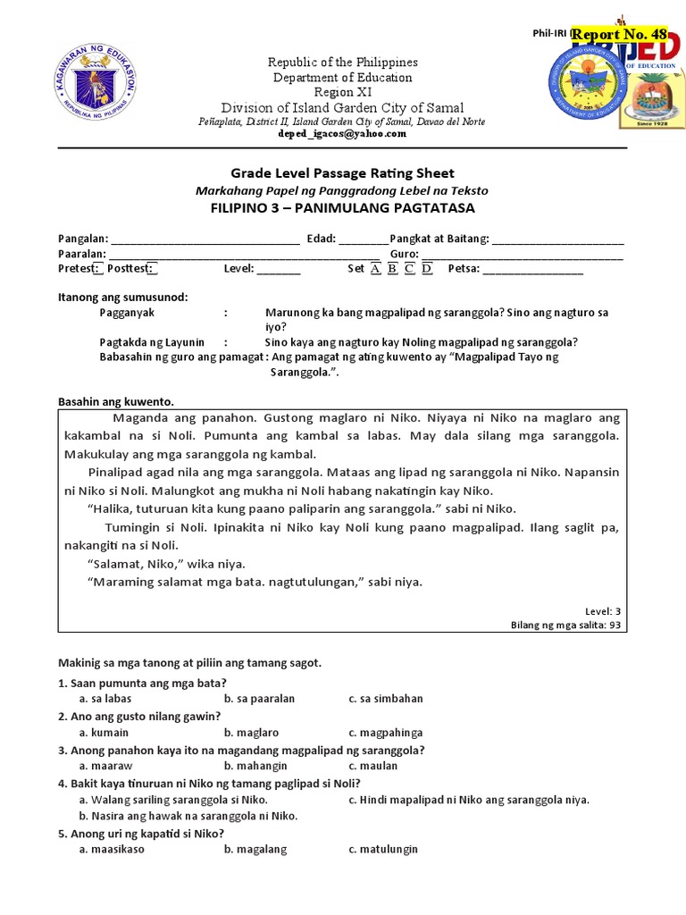 Phil iri form 3a 3b filipino 3 pretest pdf