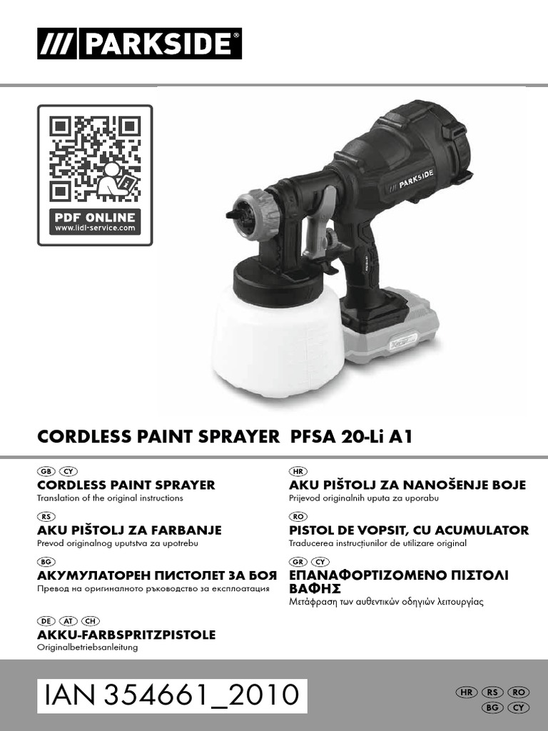 Parkside PFSA 20 Li A1 Cordless Paint Sprayer Instruction Manual PDF