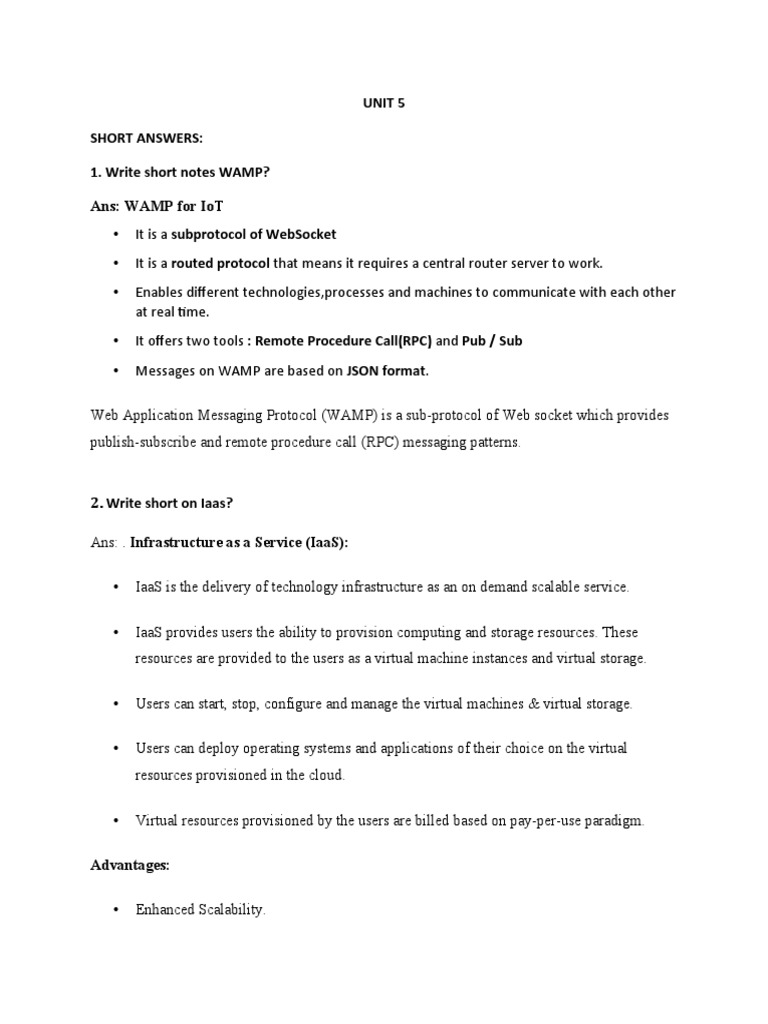 Unit 5 Short Answers 1. Write Short Notes Wamp? Ans Wamp For Iot