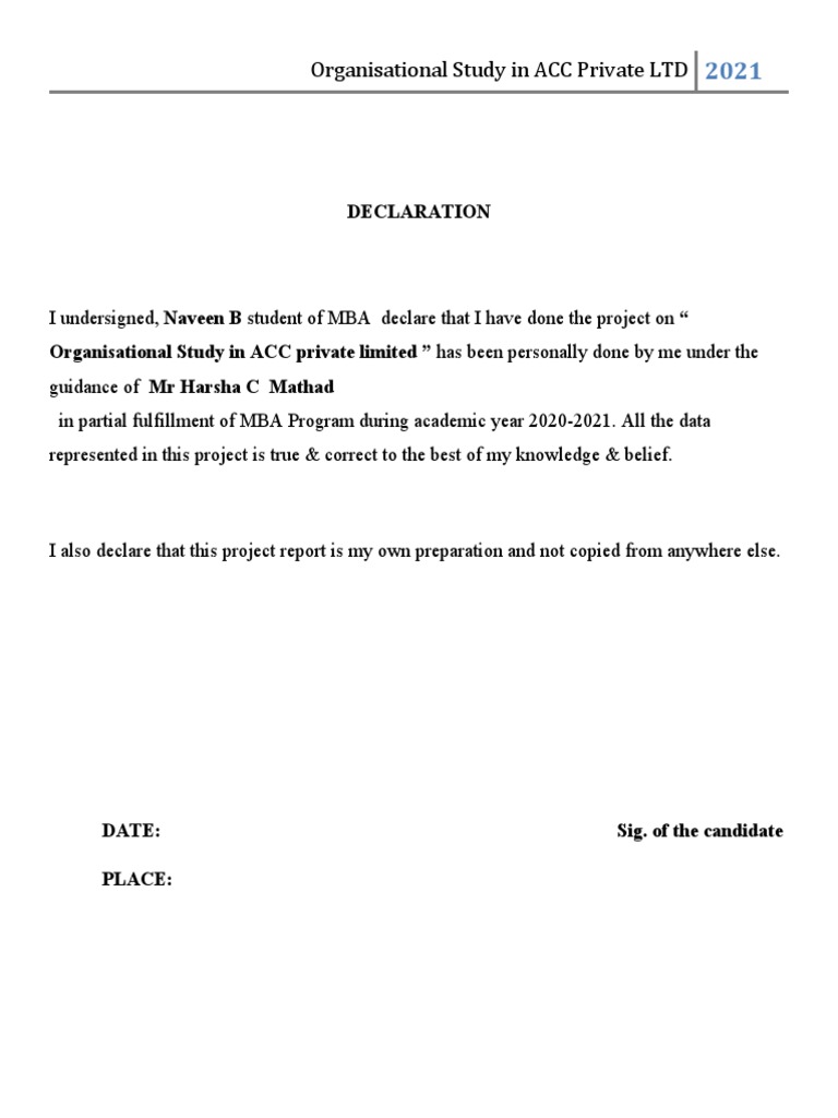 Organisational Study in ACC Private LTD: Declaration | PDF | Cement ...