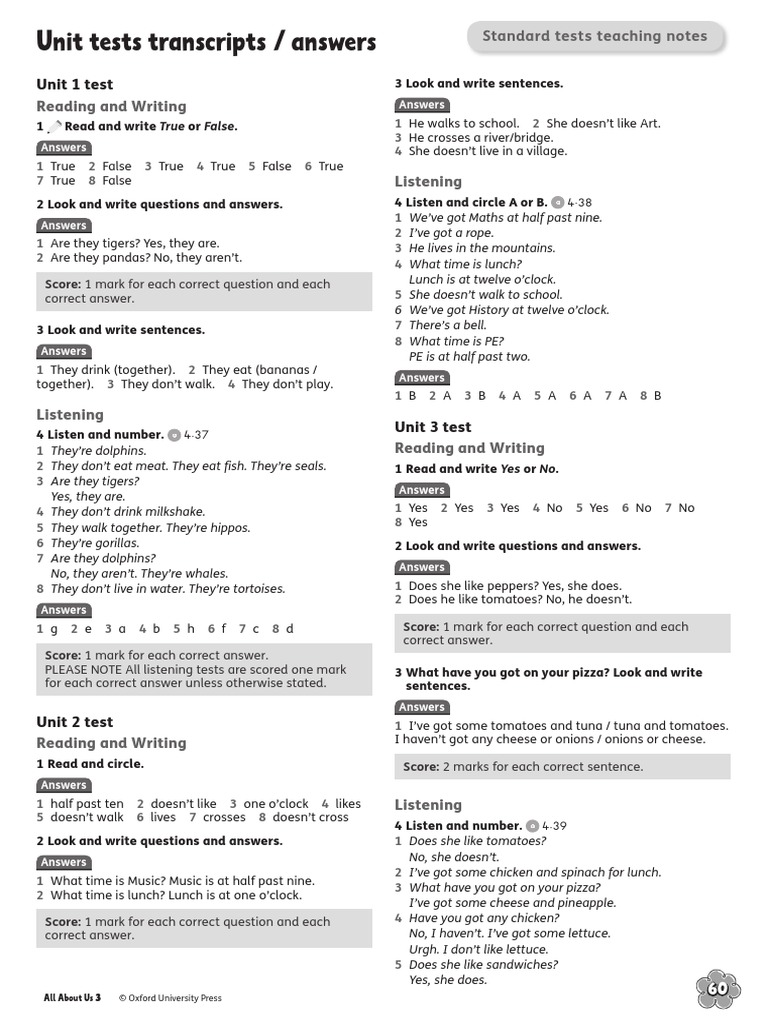 Unit Tests Transcripts / Answers | PDF | Language Arts & Discipline