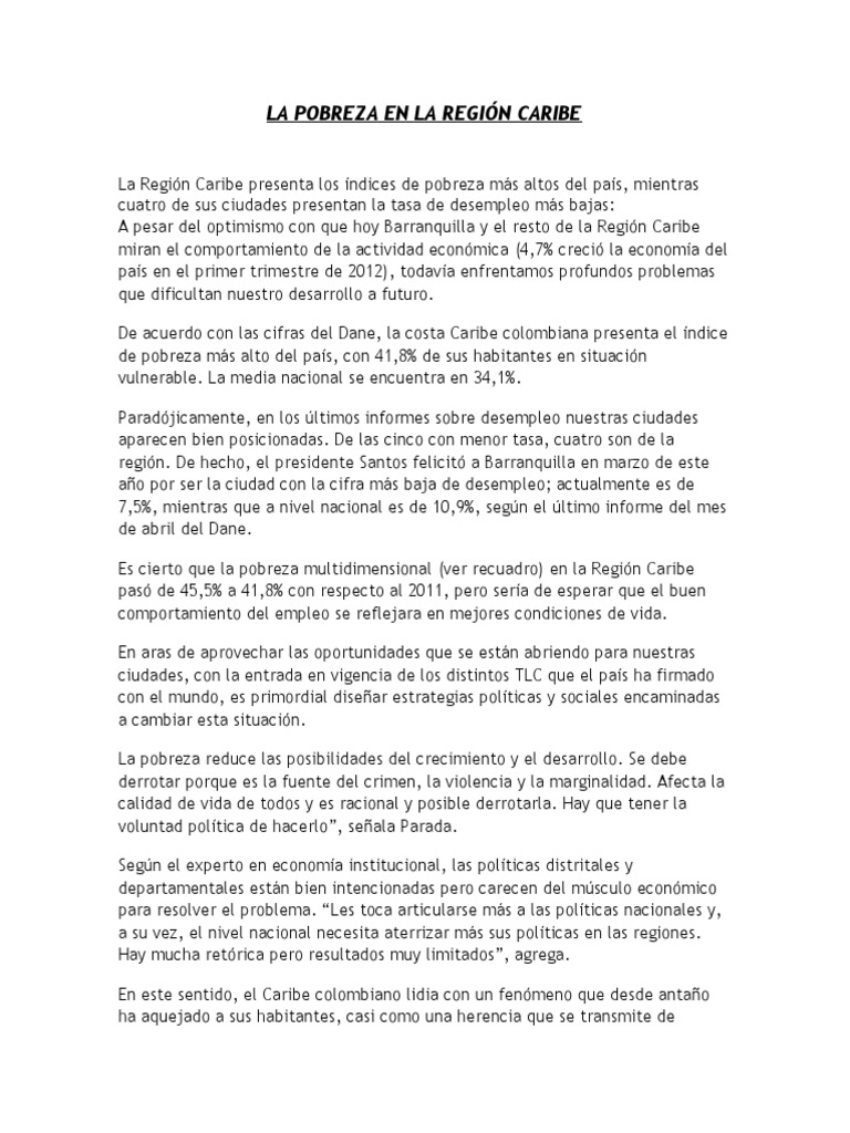Pobreza y Desempleo en la Región Caribe | PDF | Pobreza | Pobreza e ...