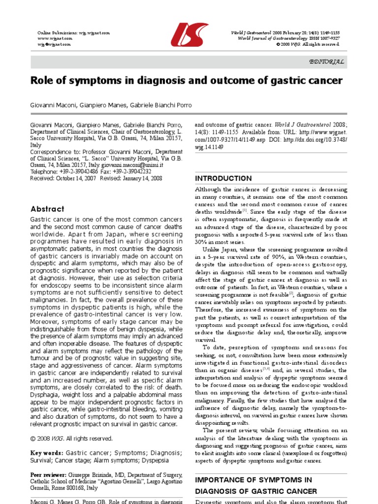 Role of Symptoms in Diagnosis and Outcome of Gastric Cancer: Editorial ...