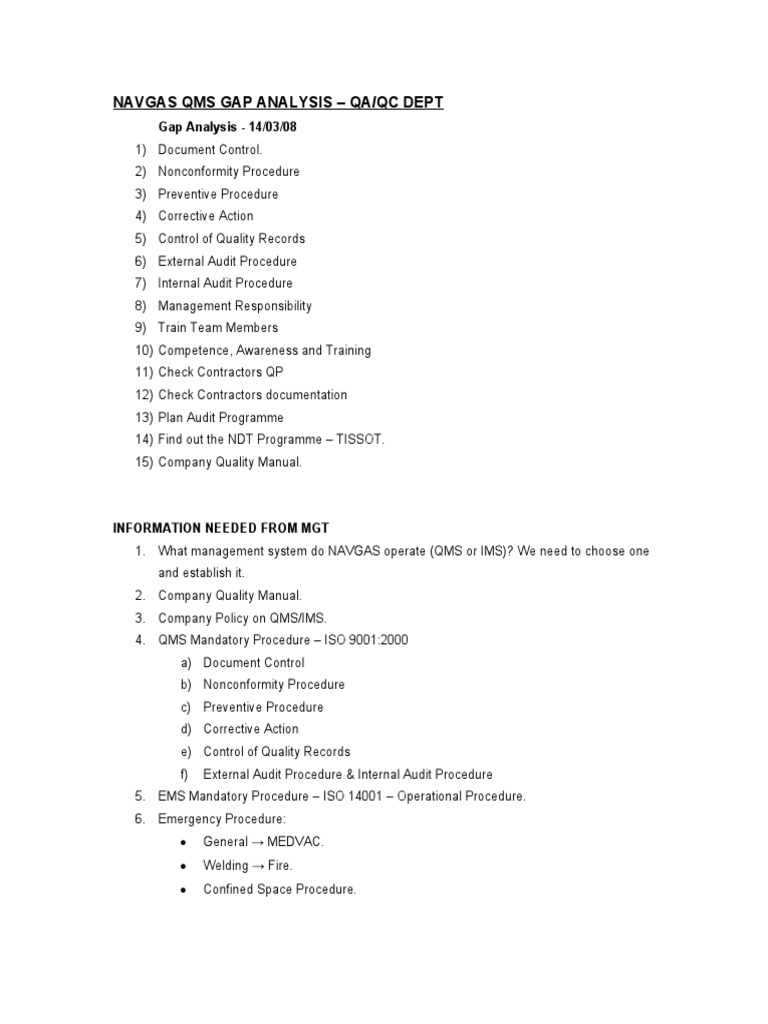 NAVGAS QMS Gap Analysis Overview | PDF