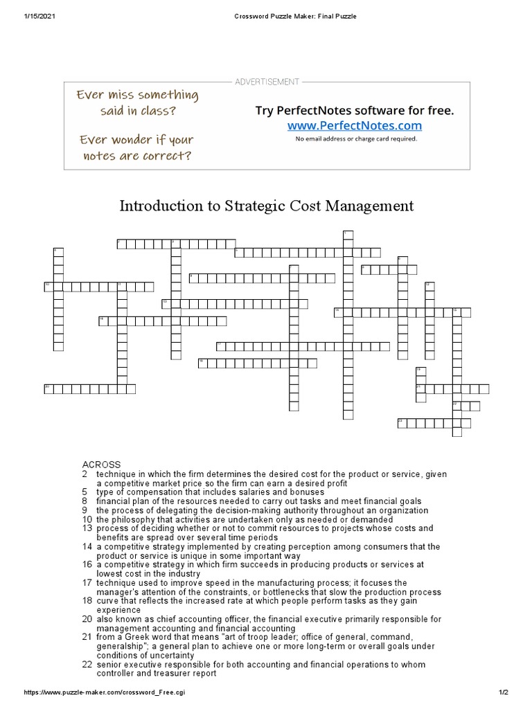Crossword Puzzle Intro To Cost Management Download Free PDF