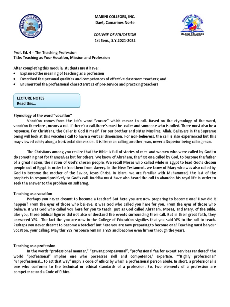 Teaching as a Vocation, Mission and Profession | PDF | Teachers ...