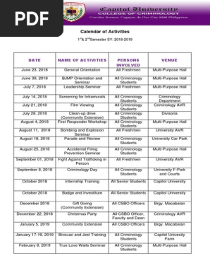 Calendar of Activities 2018 19