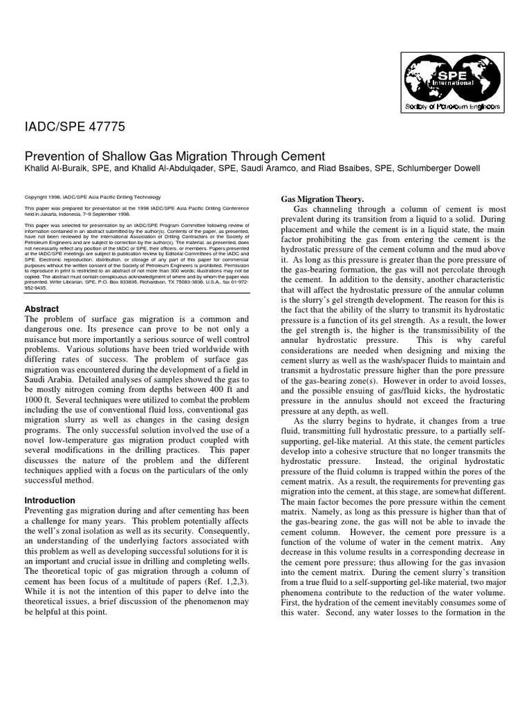IADC/SPE 47775 Prevention of Shallow Gas Migration Through Cement | PDF ...