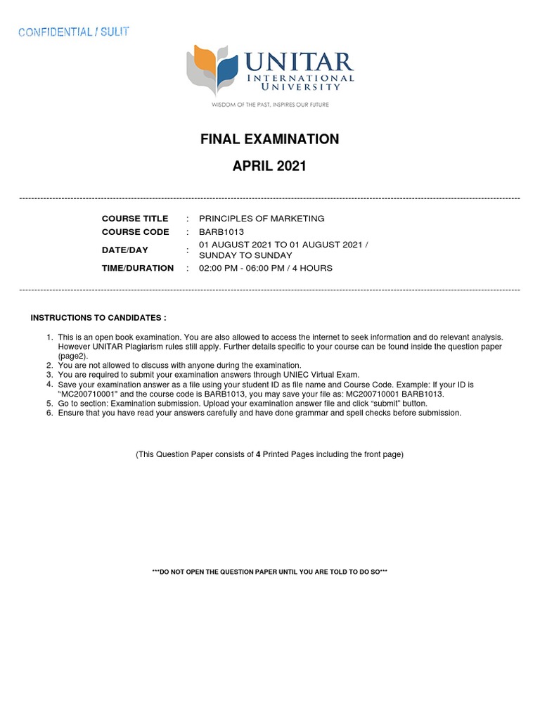 Principles of Marketing Final Exam 2021 | PDF | Brand | Marketing